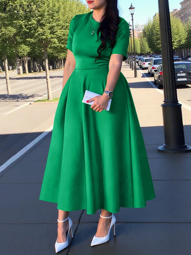 ZANZEA Summer Midi Dress Women A-Line Party Vestidos 2025 Elegant Office Work Satin Silk Sundress Casual Solid Short Sleeve Robe