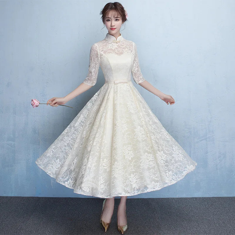 Chinese Bridesmaid Dress 2025 New Spring/summer Elegant Mid Sleeve Evening Dress Long Wedding Dress Improved Cheongsam