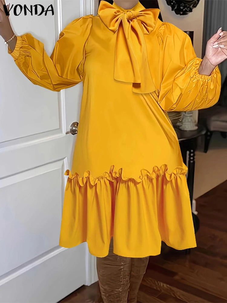 2025 Autumn Knee Length Dress Women Elegant Sundress Casual Solid Stand Collar Bownot Vestido Long Sleeve Robes Plus Size VONDA