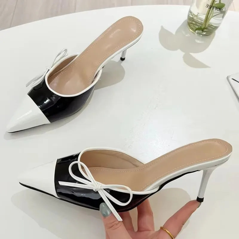 Eilyken Spring Butterfly-knot Pointed Toe Mule Women Slippers Fashion Elegant Thin Heels Party Dress Ladies Shoes