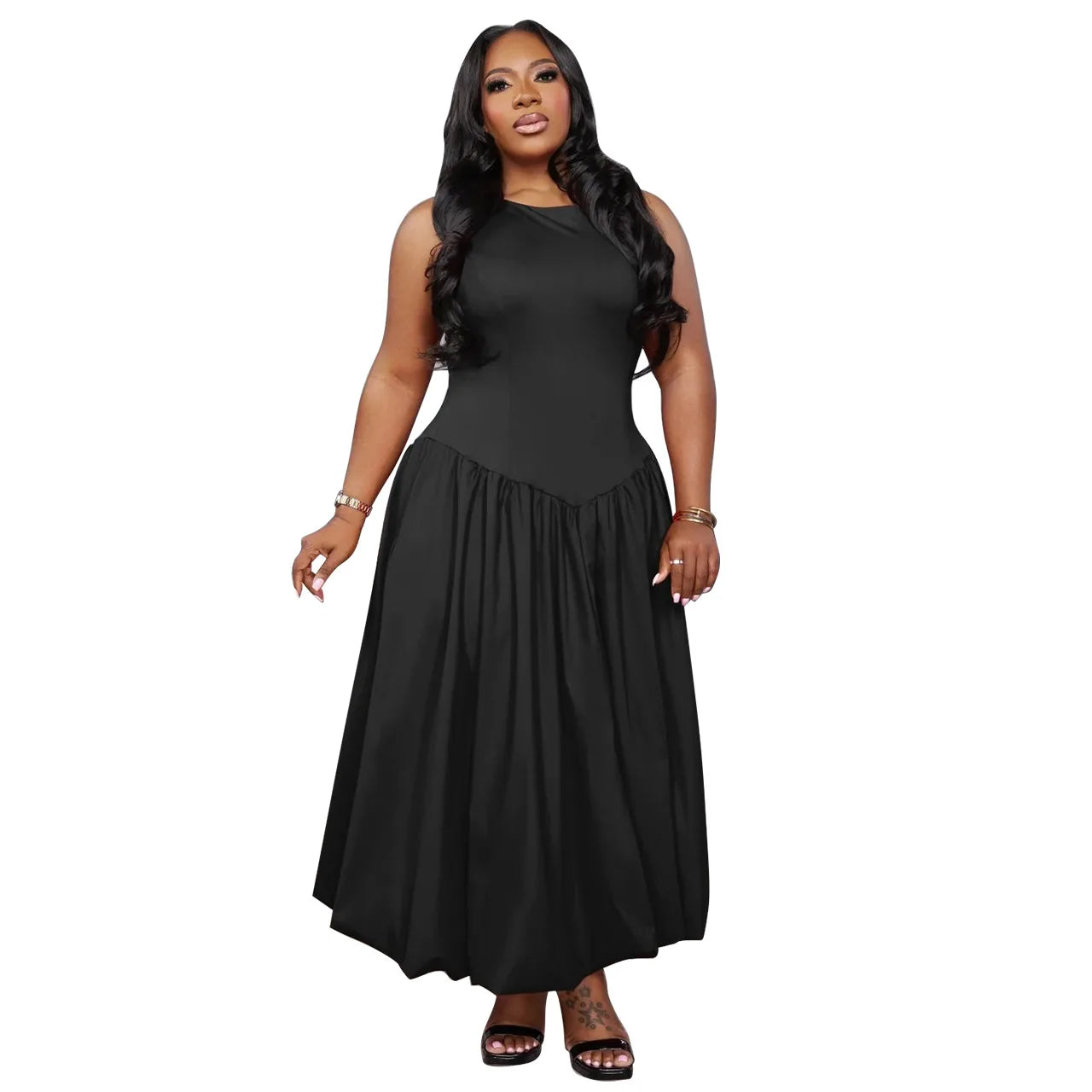 Women's plus Size Round neck Long Dress Autumn 2025 Fashionable Pleated Cinched Waist Elegant Casual Maxi Dress