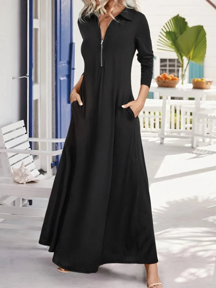  Women's Elegant Solid Maxi Dress Fashion Simple Long Skirt 2025 Spring Autumn Slim Long Sleeves Shirt Dresses With Pockets
