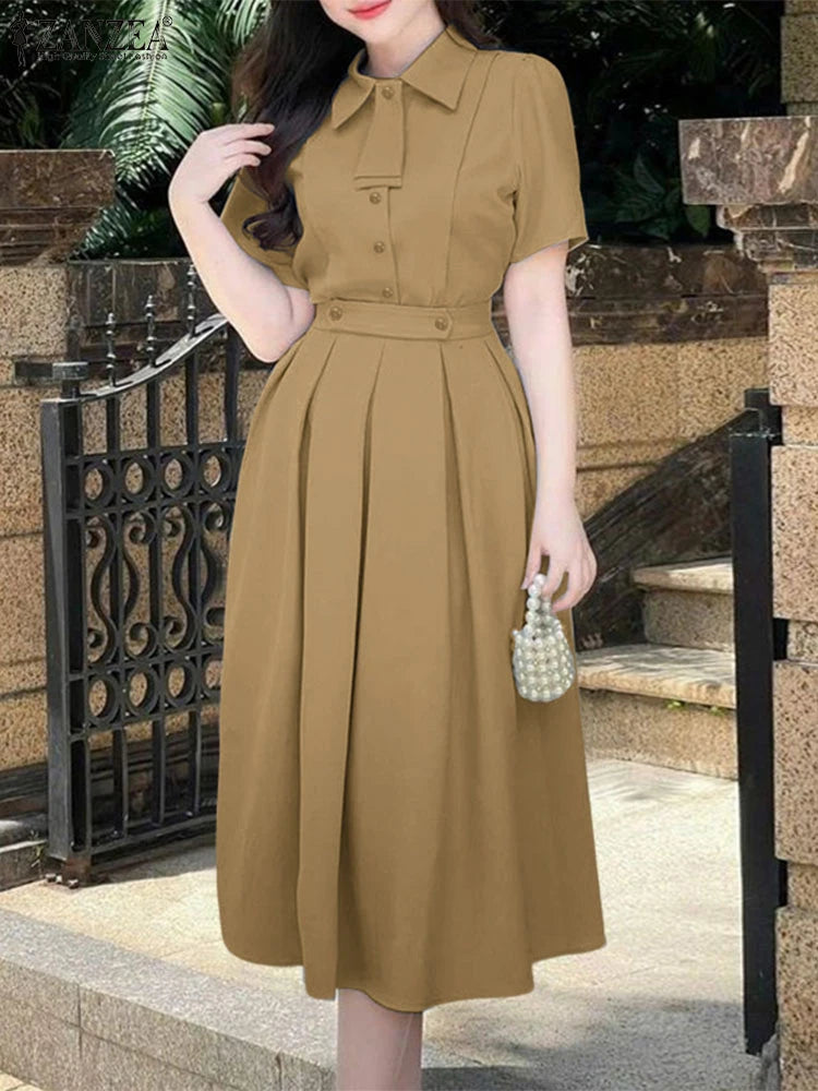 ZANZEA Elegant OL Dress Sets Women Summer Two-piece Outfits 2025 Short Sleeve Shirts Pleated A-line Long Skirt Casual Solid 2pcs