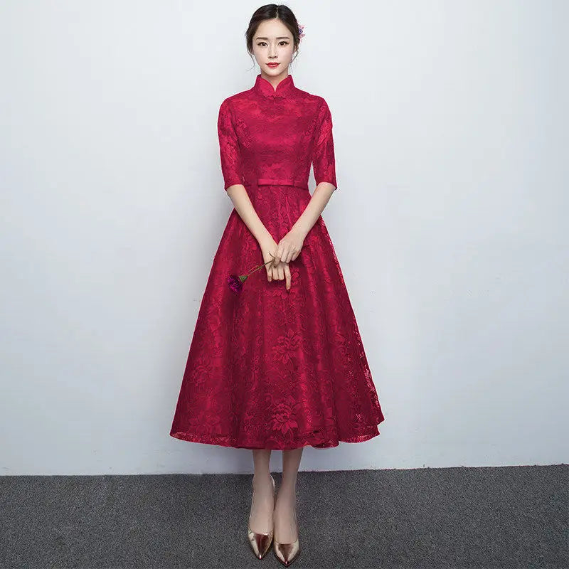 Chinese Bridesmaid Dress 2025 New Spring/summer Elegant Mid Sleeve Evening Dress Long Wedding Dress Improved Cheongsam