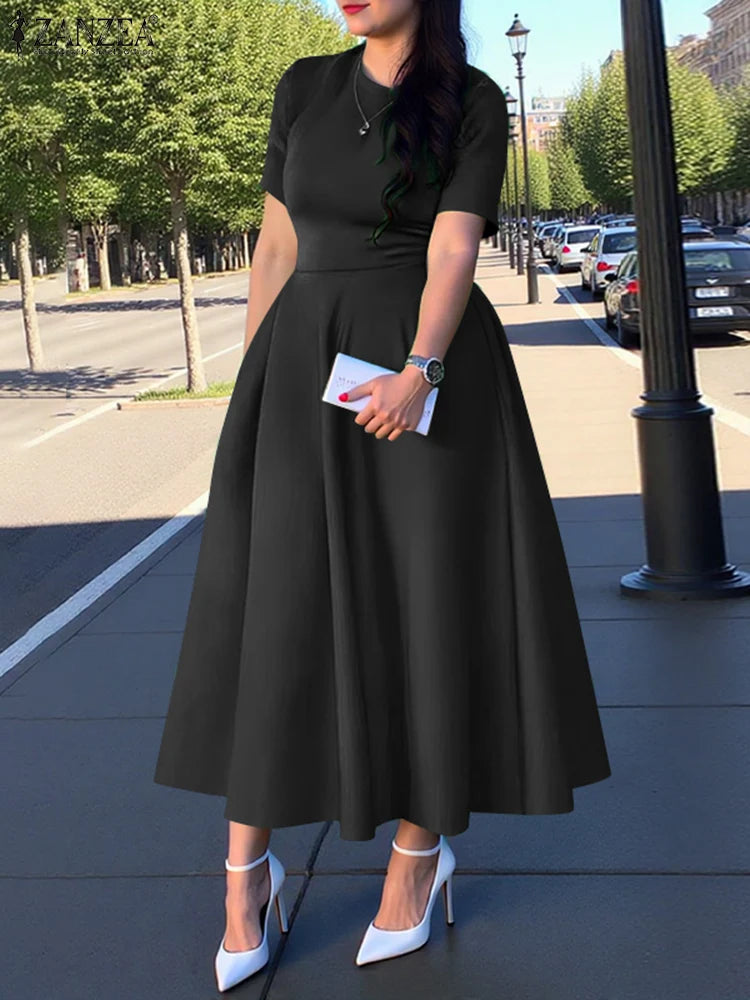 ZANZEA Summer Midi Dress Women A-Line Party Vestidos 2025 Elegant Office Work Satin Silk Sundress Casual Solid Short Sleeve Robe