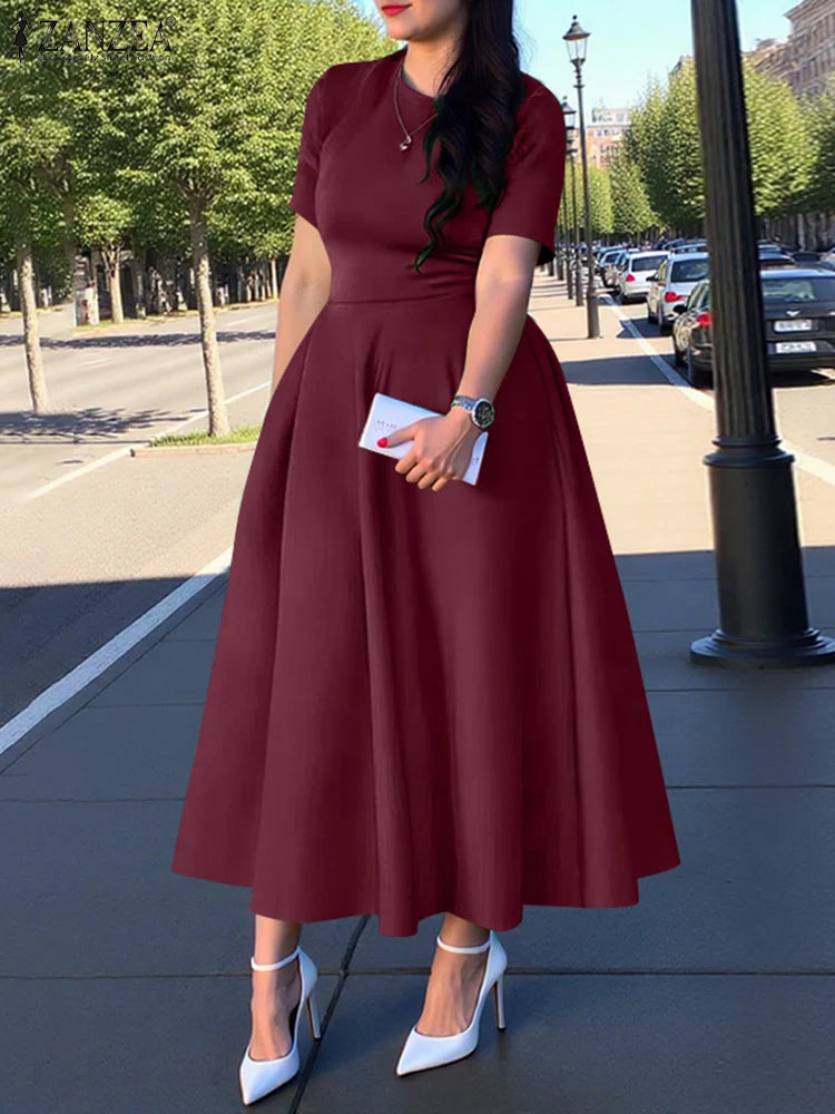 ZANZEA Summer Midi Dress Women A-Line Party Vestidos 2025 Elegant Office Work Satin Silk Sundress Casual Solid Short Sleeve Robe