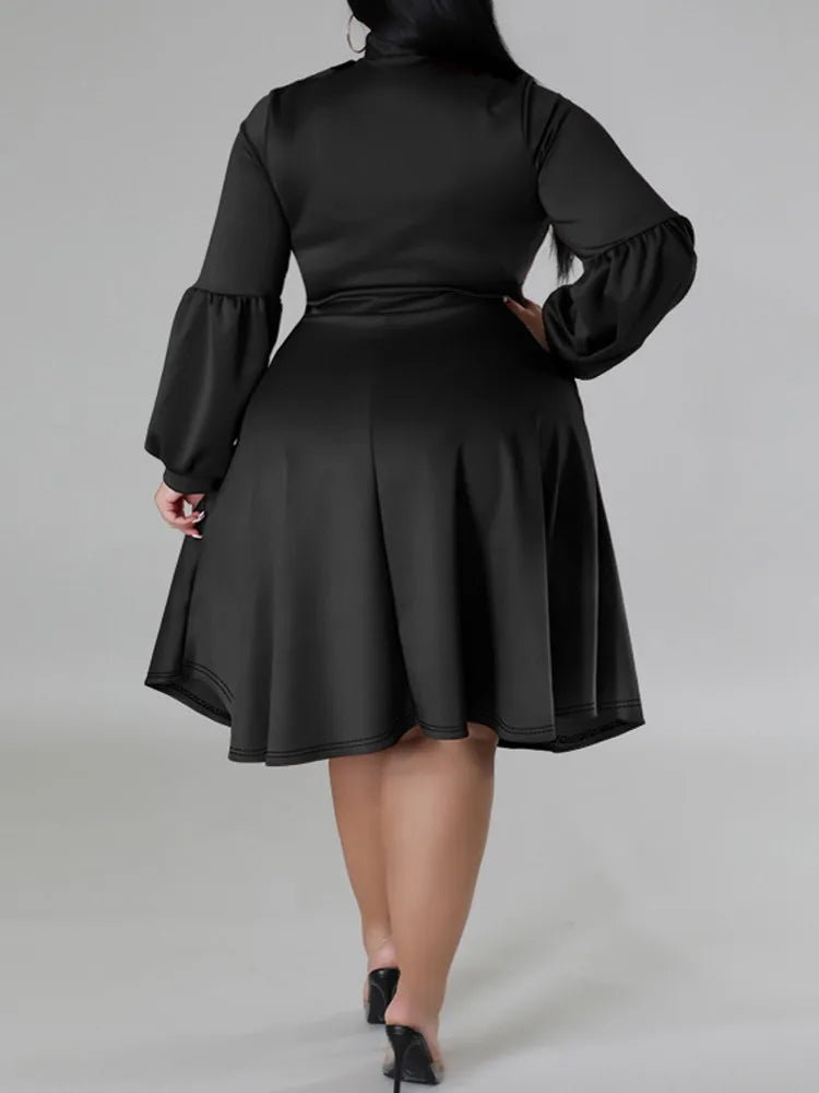 XL-5XL Plus Size Elegant Midi Dress 2024 Autumn Women Bohemian Dress Casual Long Sleeve Bandage Robe Black Oversize Dress