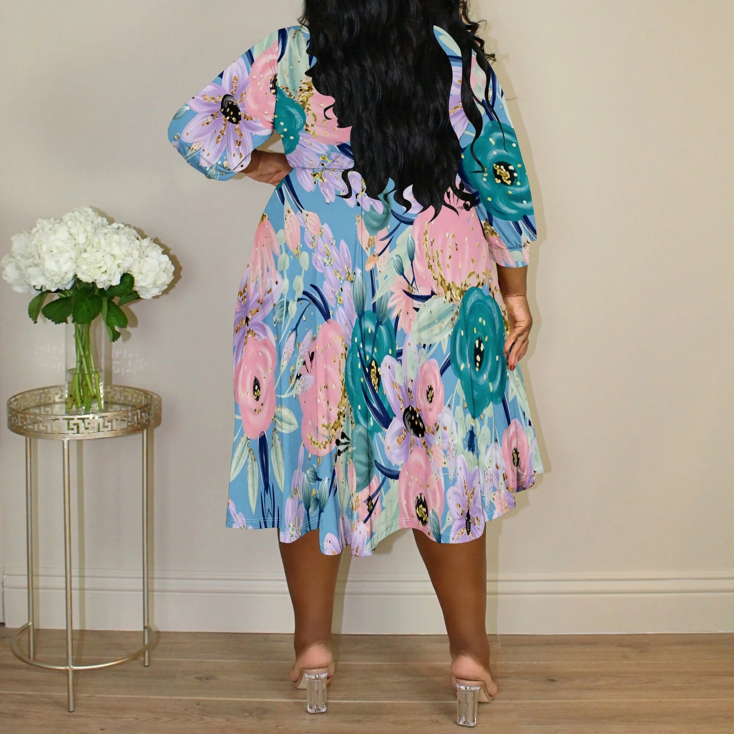 Plus Size Women's Abstract Watercolor Floral Print V-Neck Wrap Midi Dress 3/4 Sleeve Elegant Look