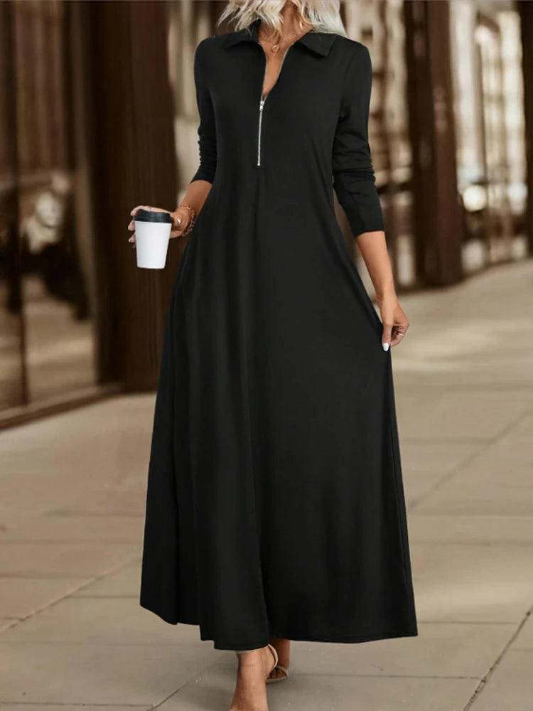 ﻿ Women's Elegant Solid Maxi Dress Fashion Simple Long Skirt 2025 Spring Autumn Slim Long Sleeves Shirt Dresses With Pockets