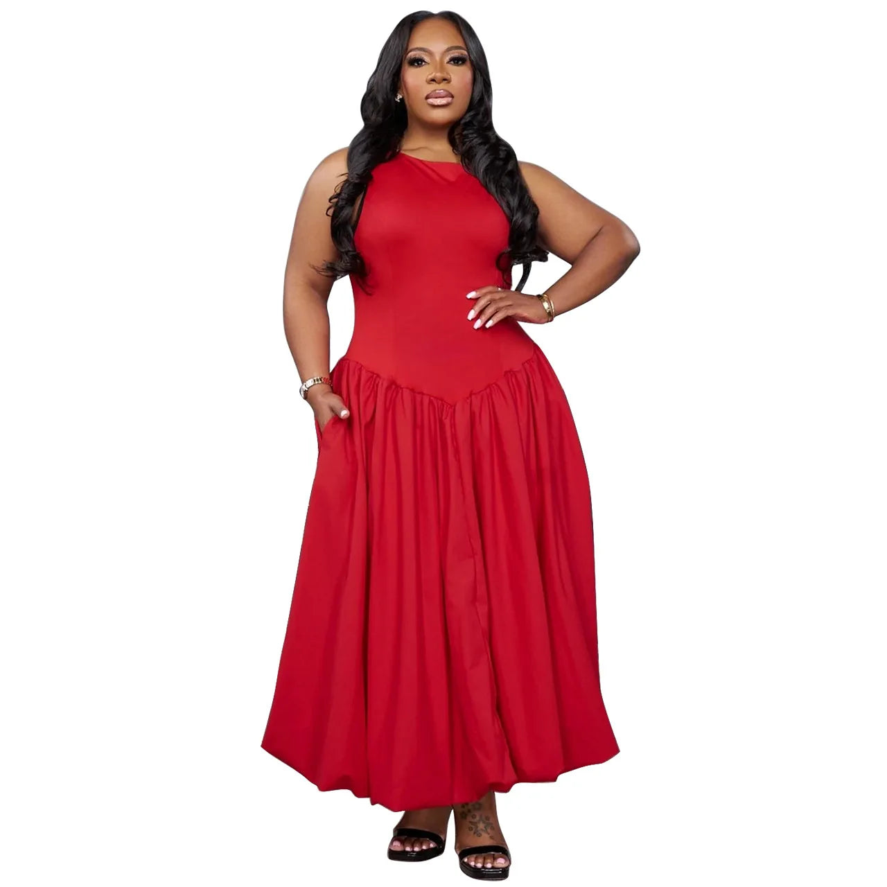 Women's plus Size Round neck Long Dress Autumn 2025 Fashionable Pleated Cinched Waist Elegant Casual Maxi Dress