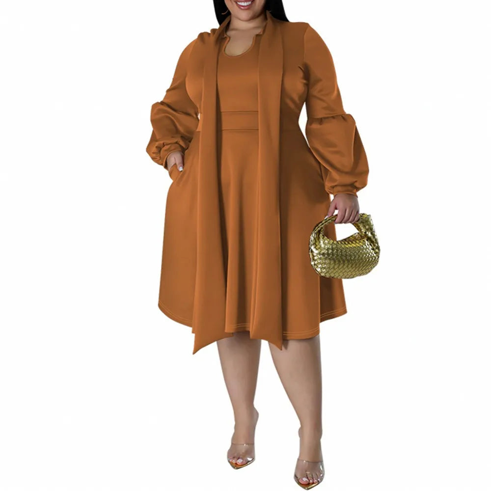 XL-5XL Plus Size Elegant Midi Dress 2024 Autumn Women Bohemian Dress Casual Long Sleeve Bandage Robe Black Oversize Dress