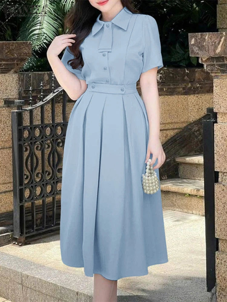 ZANZEA Elegant OL Dress Sets Women Summer Two-piece Outfits 2025 Short Sleeve Shirts Pleated A-line Long Skirt Casual Solid 2pcs