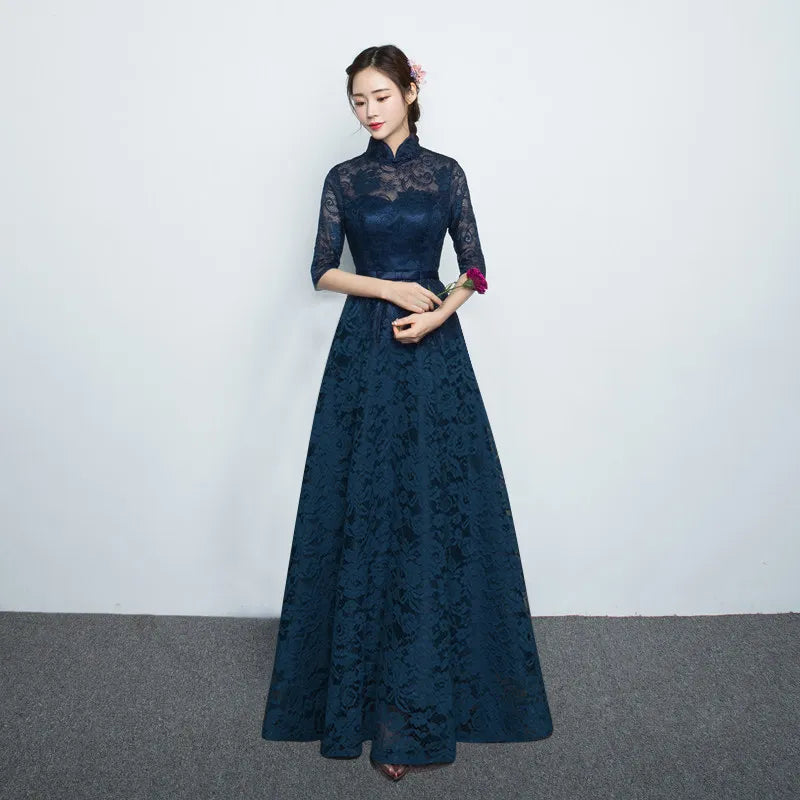 Chinese Bridesmaid Dress 2025 New Spring/summer Elegant Mid Sleeve Evening Dress Long Wedding Dress Improved Cheongsam