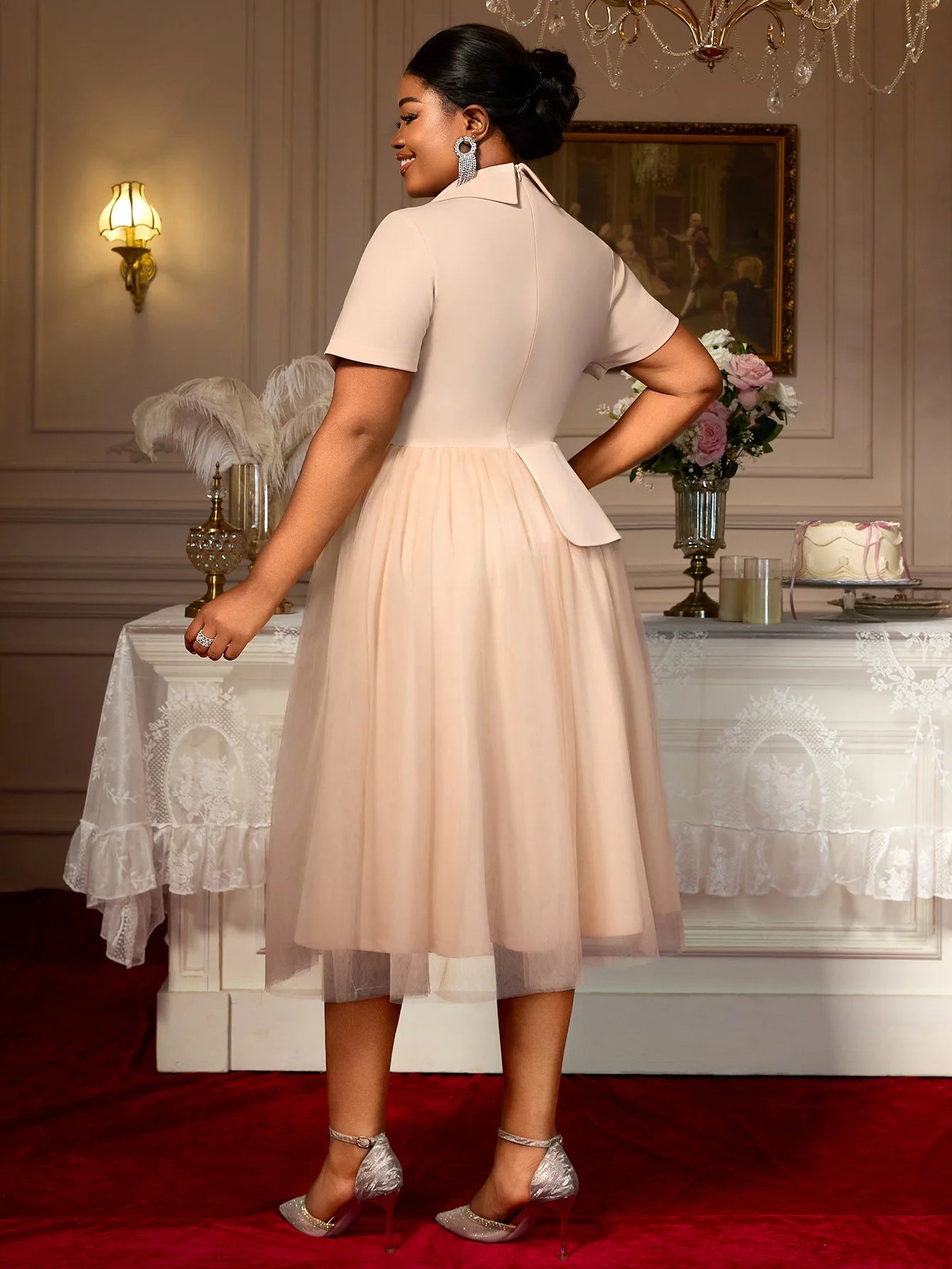 New plus-size new style elegant dress, slimming and form-fitting suit dress, belt A-line mesh dress