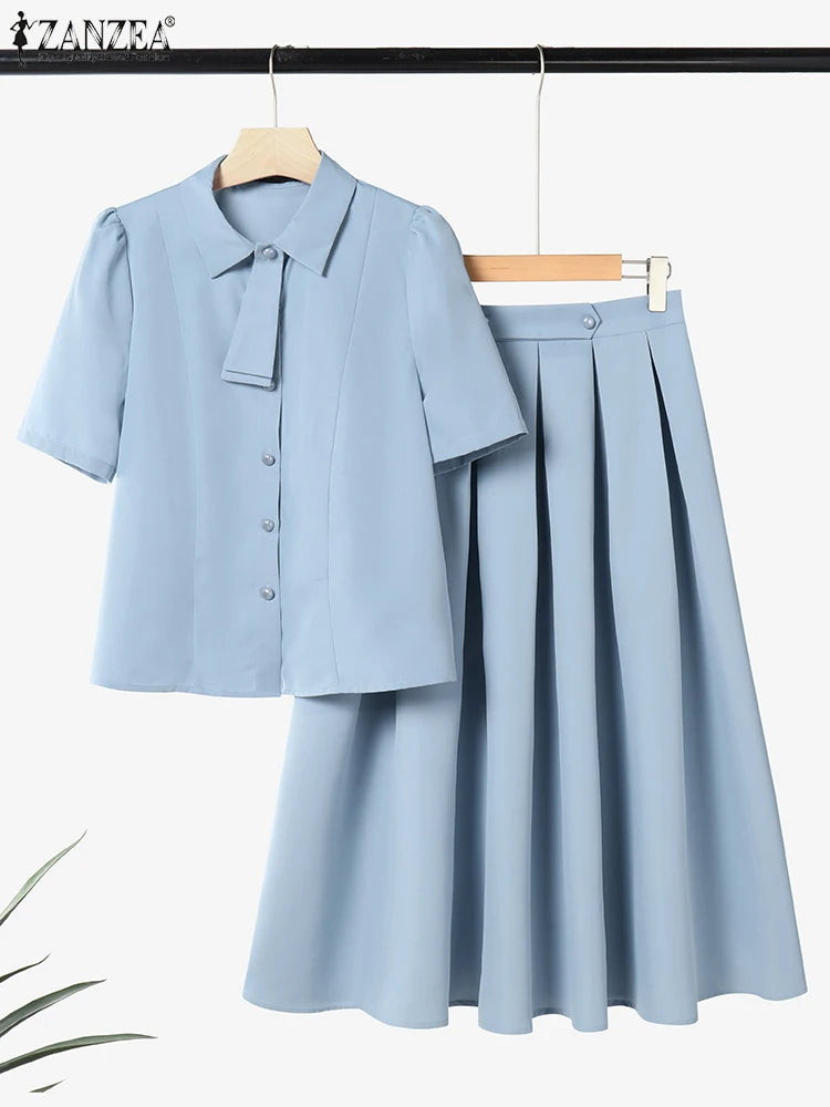 ZANZEA Elegant OL Dress Sets Women Summer Two-piece Outfits 2025 Short Sleeve Shirts Pleated A-line Long Skirt Casual Solid 2pcs