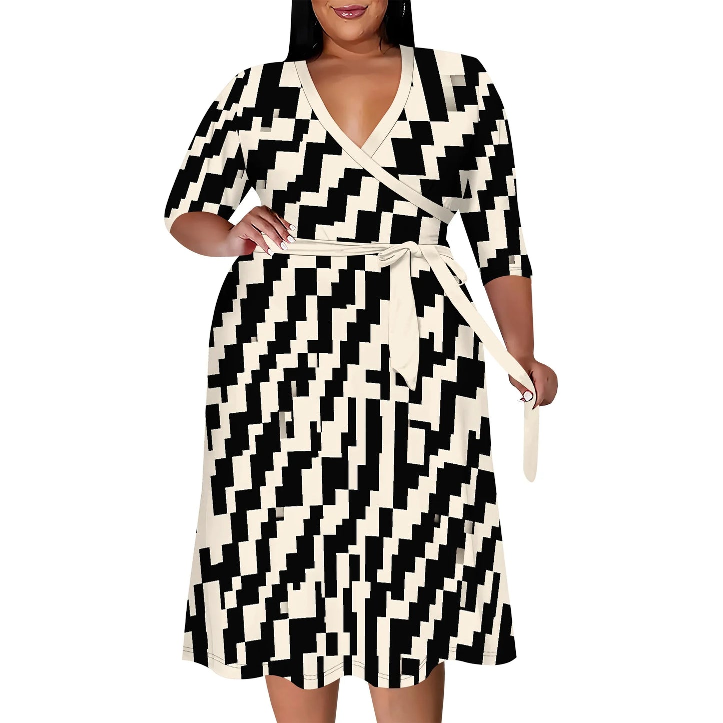 Plus Size Wrap Midi Dress Light Blue Geometric Print Elegant Modern 3/4 Sleeve Outfit