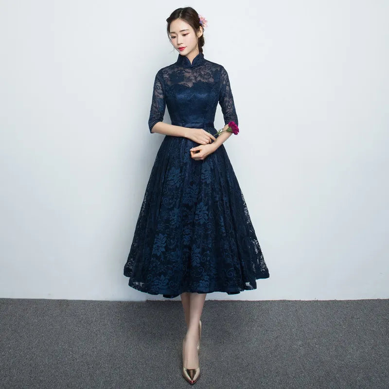 Chinese Bridesmaid Dress 2025 New Spring/summer Elegant Mid Sleeve Evening Dress Long Wedding Dress Improved Cheongsam