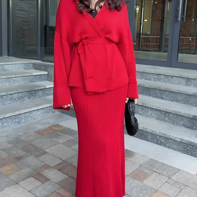 2025 New V Neck Tie Long Sleeve High Waist Knit Dress Set Slim Fit Elegant Temperament Fashion Two Piece Women Outfit
