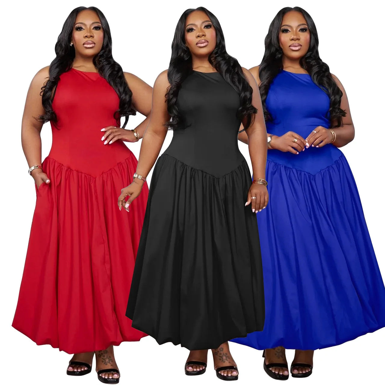 Women's plus Size Round neck Long Dress Autumn 2025 Fashionable Pleated Cinched Waist Elegant Casual Maxi Dress