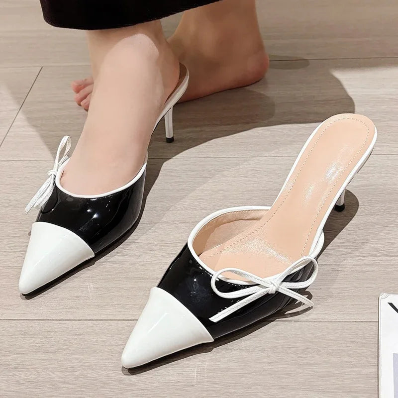 Eilyken Spring Butterfly-knot Pointed Toe Mule Women Slippers Fashion Elegant Thin Heels Party Dress Ladies Shoes