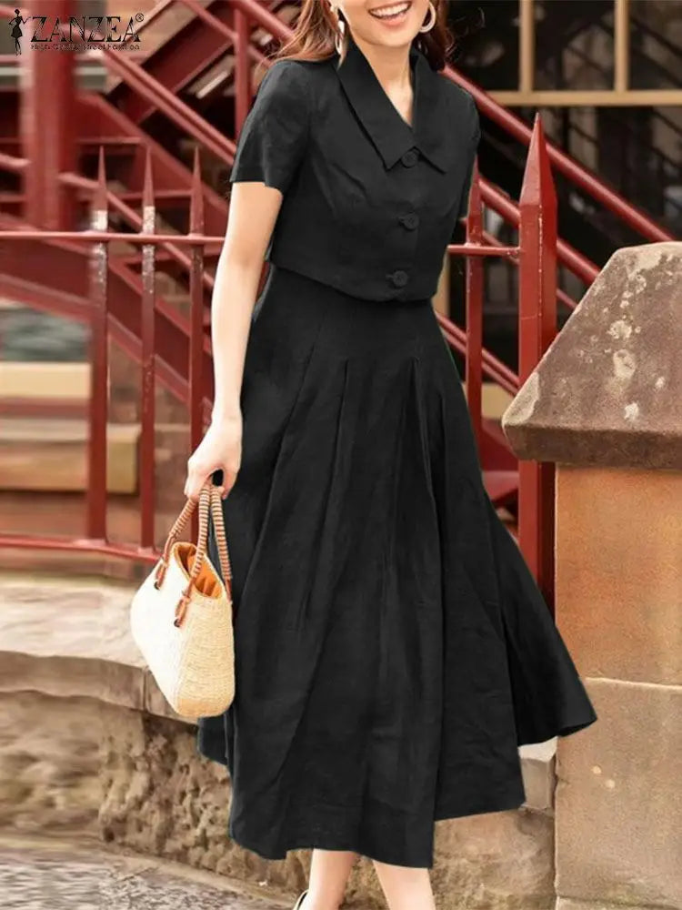 ZANZEA Women Two Piece Sets 2024 Summer Matching Sets Office Short Sleeve Outwear And Tank Dress Outfits Casual Solid Dress Suit