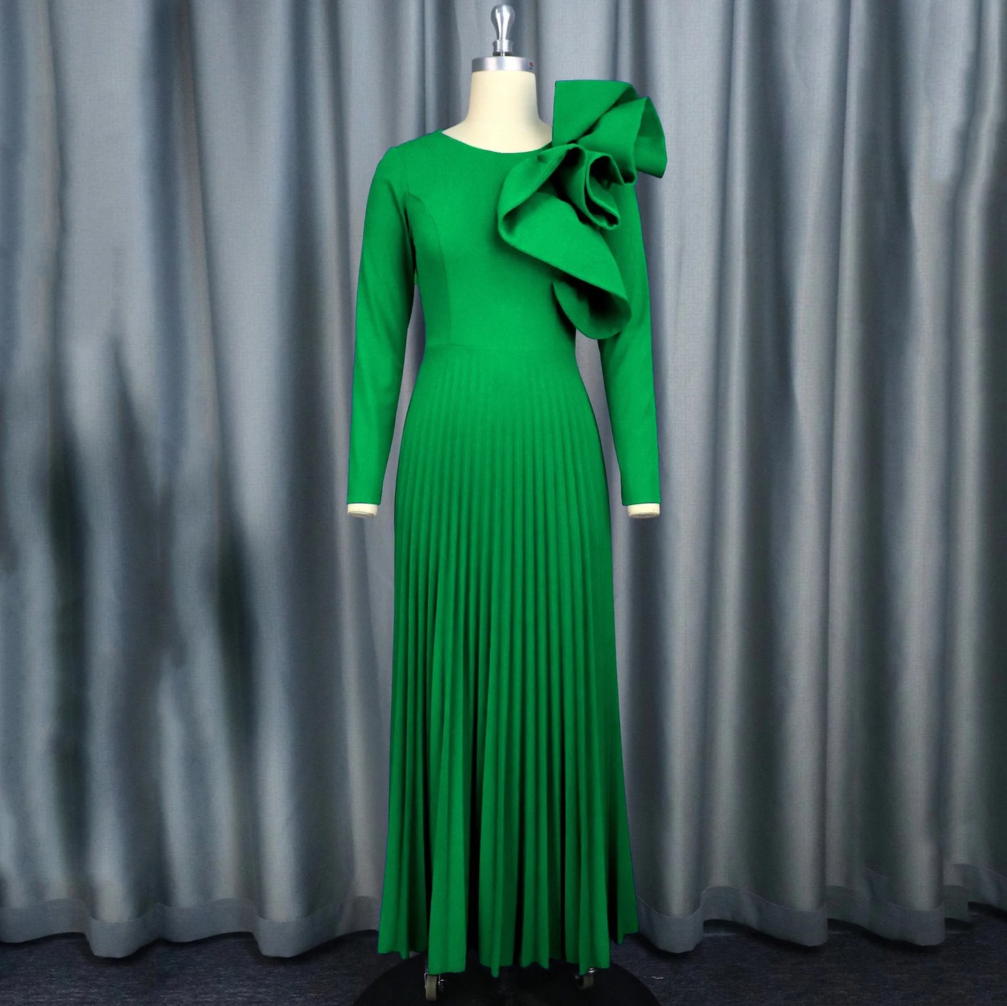 Elegant Long Dresses for Woman 2024 Autumn Winter New O Neck Ruffles Full Sleeve Pleated Ankle Length Luxury Party Dinner Dress