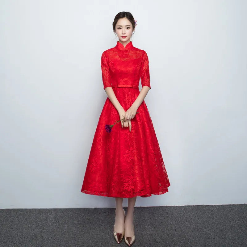 Chinese Bridesmaid Dress 2025 New Spring/summer Elegant Mid Sleeve Evening Dress Long Wedding Dress Improved Cheongsam