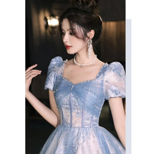 Blue Banquet Evening Dress 2025 New Summer French Style Long Adult Dress Elegant One Shoulder Party Dress for Outdressing