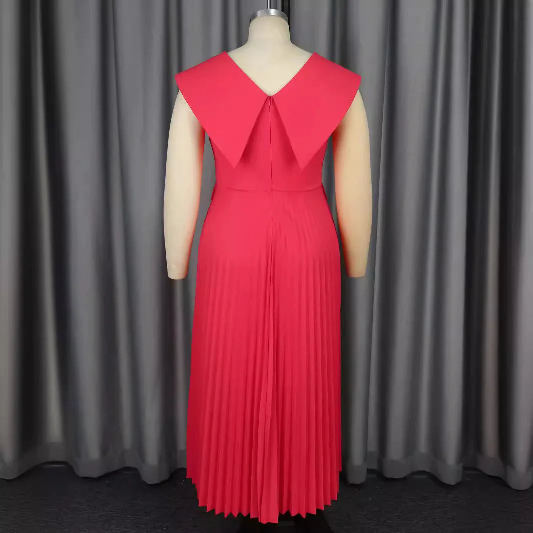 Spring 2025 Light Luxury Elegant Wind V-Neck Sleeveless Pleated Skirt High-Waist Dress for Formal Occasions Large Size Available