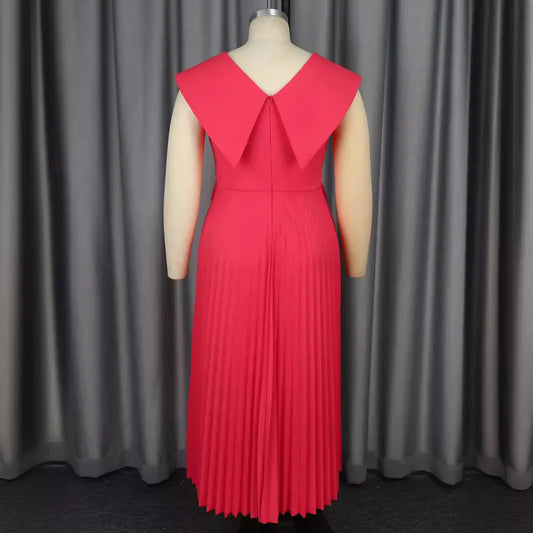 Spring 2025 Light Luxury Elegant Wind V-Neck Sleeveless Pleated Skirt High-Waist Dress for Formal Occasions Large Size Available