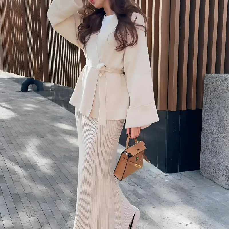 2025 New V Neck Tie Long Sleeve High Waist Knit Dress Set Slim Fit Elegant Temperament Fashion Two Piece Women Outfit