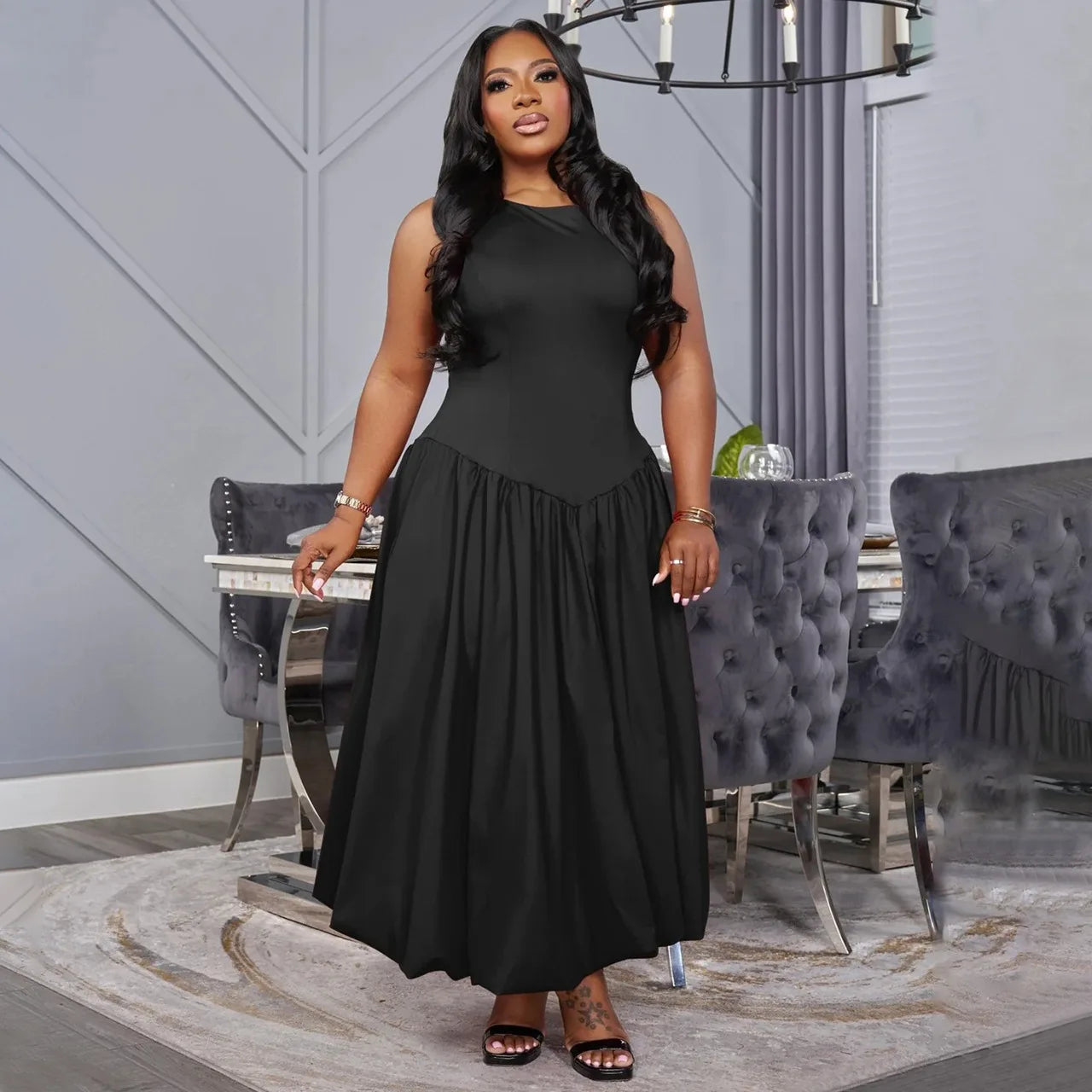 Women's plus Size Round neck Long Dress Autumn 2025 Fashionable Pleated Cinched Waist Elegant Casual Maxi Dress