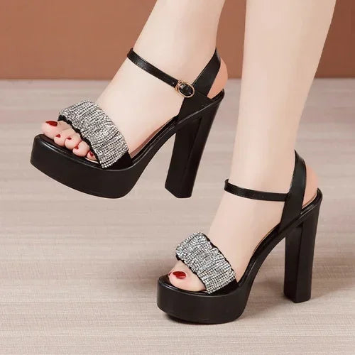8 10 13cm Small Size 32-43 Elegant Black Rhinestone Block High Heels Sandals Summer 2024 Platform Shoes Women for Office Model