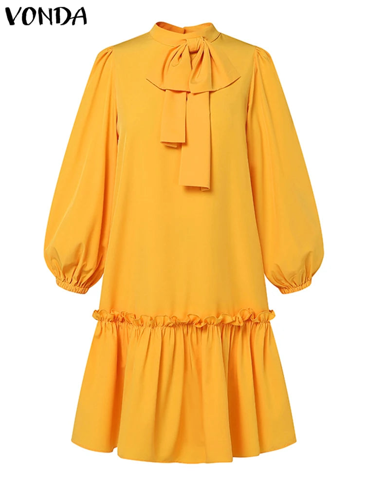2025 Autumn Knee Length Dress Women Elegant Sundress Casual Solid Stand Collar Bownot Vestido Long Sleeve Robes Plus Size VONDA