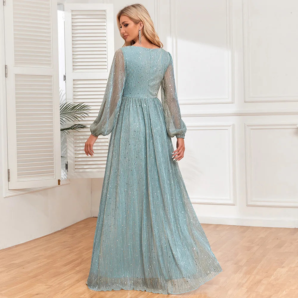 Elegant Women's Bright Sparkling Pleated Long Sleeve V-Neck Swing Skirt with Full Lining Elastic Waist A-Line Gown for Special O