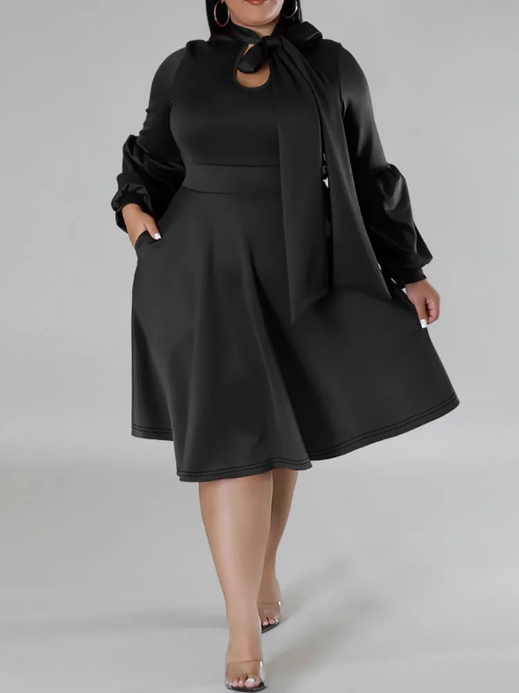 XL-5XL Plus Size Elegant Midi Dress 2024 Autumn Women Bohemian Dress Casual Long Sleeve Bandage Robe Black Oversize Dress