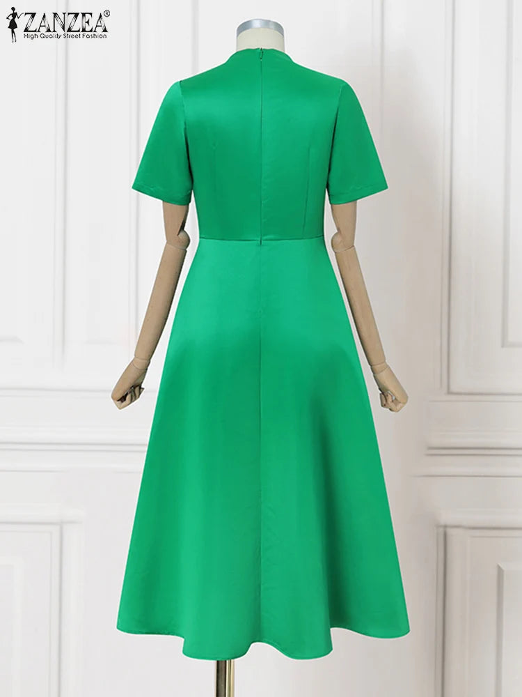 ZANZEA Summer Midi Dress Women A-Line Party Vestidos 2025 Elegant Office Work Satin Silk Sundress Casual Solid Short Sleeve Robe