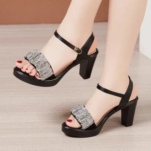 8 10 13cm Small Size 32-43 Elegant Black Rhinestone Block High Heels Sandals Summer 2024 Platform Shoes Women for Office Model