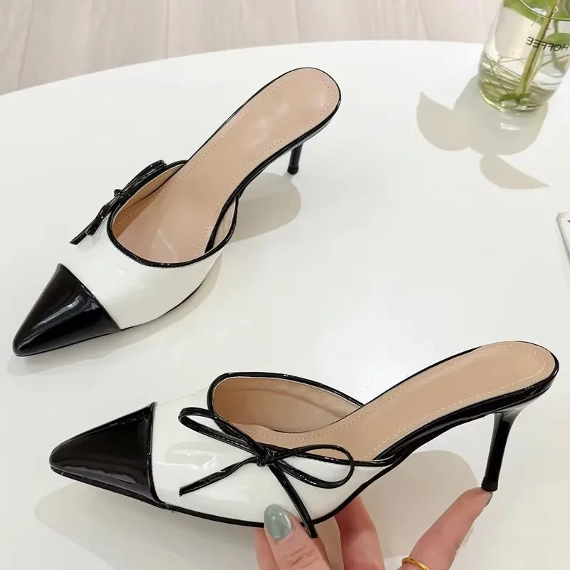 Eilyken Spring Butterfly-knot Pointed Toe Mule Women Slippers Fashion Elegant Thin Heels Party Dress Ladies Shoes