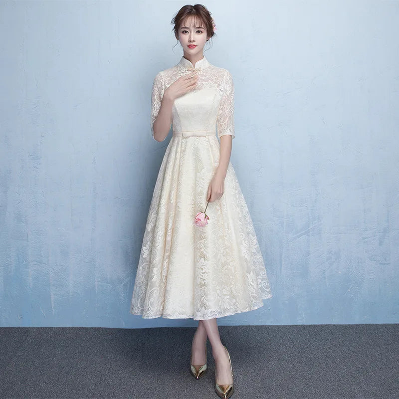 Chinese Bridesmaid Dress 2025 New Spring/summer Elegant Mid Sleeve Evening Dress Long Wedding Dress Improved Cheongsam