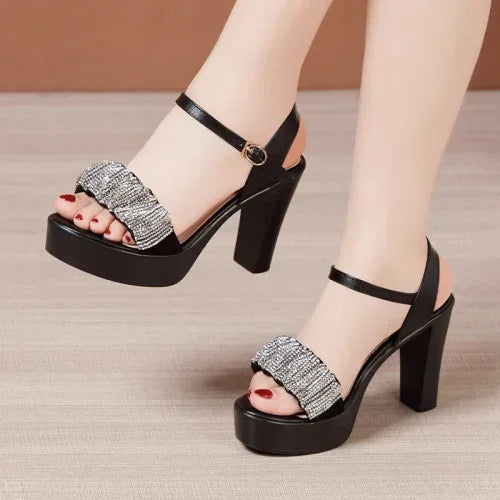 8 10 13cm Small Size 32-43 Elegant Black Rhinestone Block High Heels Sandals Summer 2024 Platform Shoes Women for Office Model