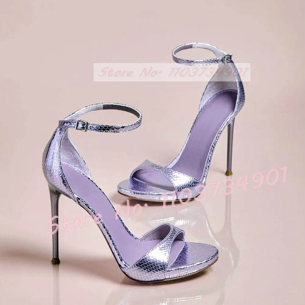 Light Purple Snake Metallic Sandals Women Fashion Open Toe Low Platform Casual Shoes Sexy Elegant Shiny Leather Cover Heel Shoes
