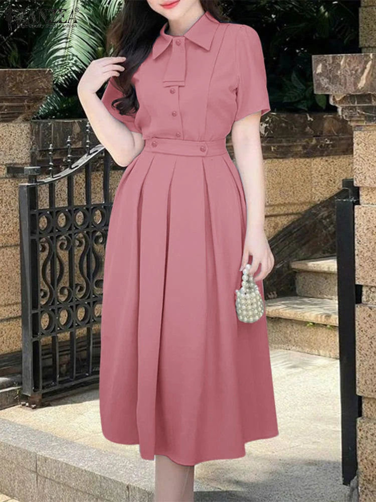 ZANZEA Elegant OL Dress Sets Women Summer Two-piece Outfits 2025 Short Sleeve Shirts Pleated A-line Long Skirt Casual Solid 2pcs