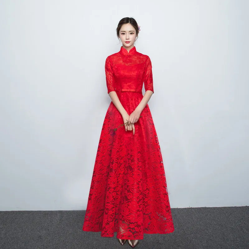 Chinese Bridesmaid Dress 2025 New Spring/summer Elegant Mid Sleeve Evening Dress Long Wedding Dress Improved Cheongsam