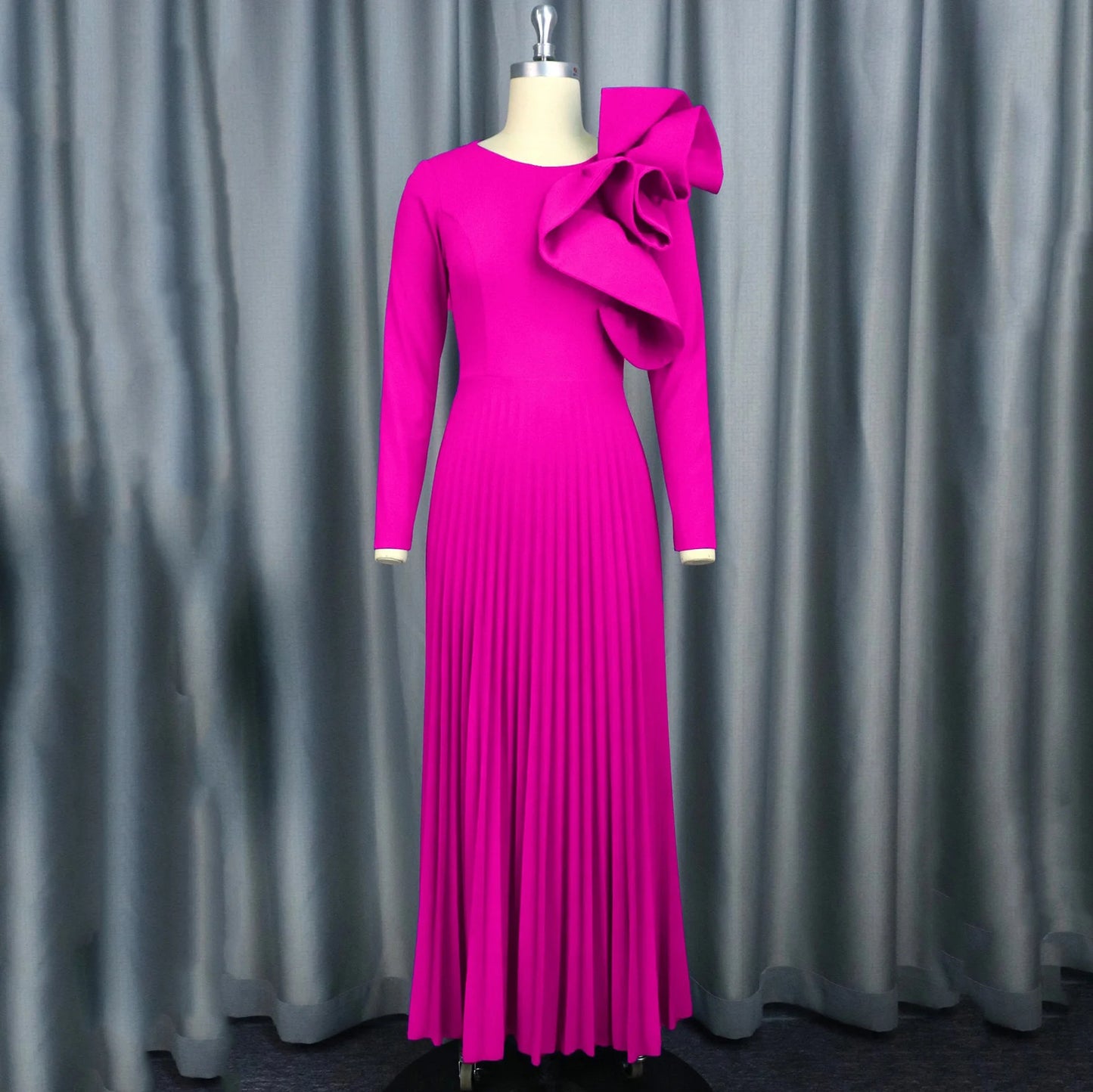 Elegant Long Dresses for Woman 2024 Autumn Winter New O Neck Ruffles Full Sleeve Pleated Ankle Length Luxury Party Dinner Dress