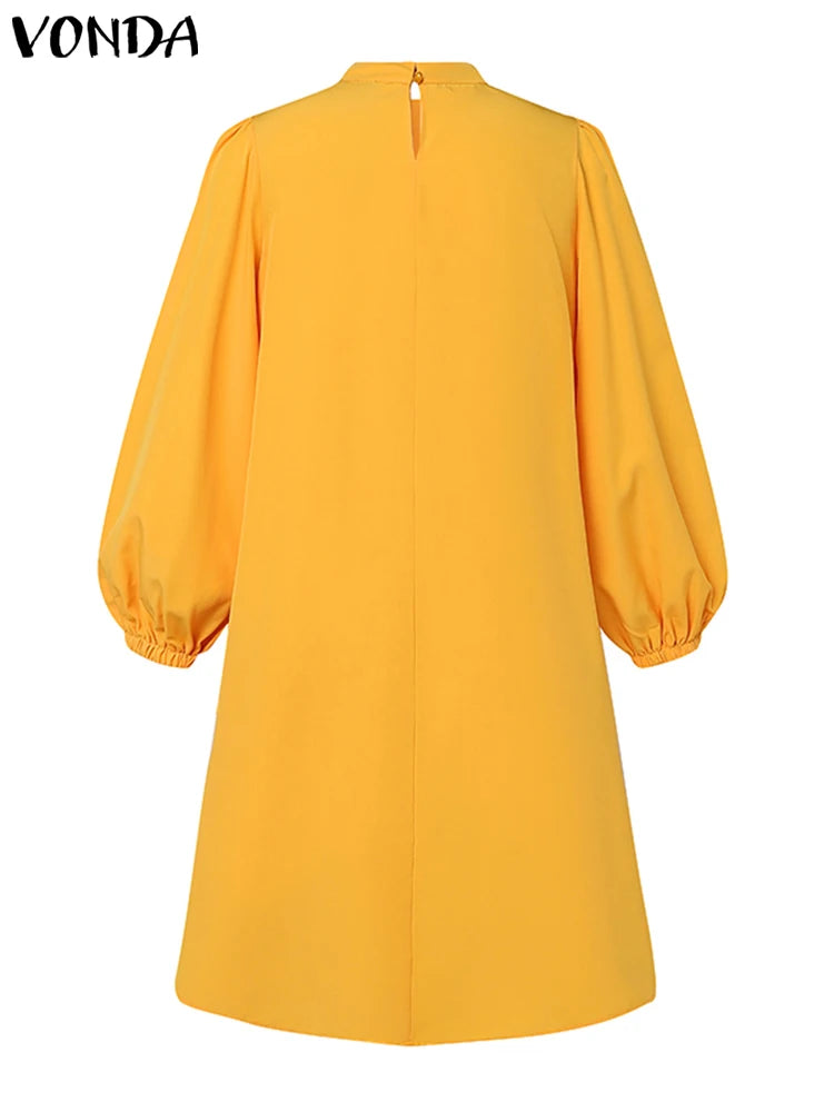 2025 Autumn Knee Length Dress Women Elegant Sundress Casual Solid Stand Collar Bownot Vestido Long Sleeve Robes Plus Size VONDA