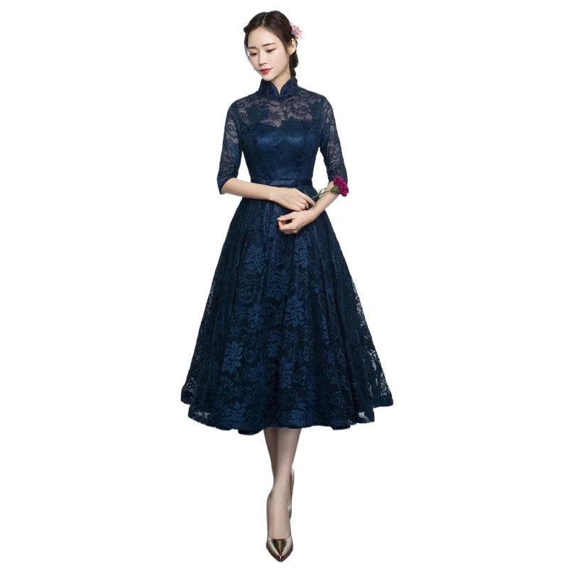 Chinese Bridesmaid Dress 2025 New Spring/summer Elegant Mid Sleeve Evening Dress Long Wedding Dress Improved Cheongsam