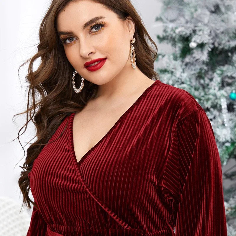 Plus Size Long Sleeve Elegant Spring Autumn Midi Velvet Wrap Dress Tie Waist V-neck Formal Night Out Party Dress Christmas Dress
