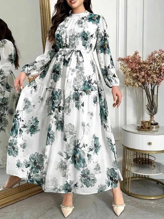 GIBSIE Plus Size Women's French Elegant Belted Dress 2025 Spring New Floral Print Vintage Long Sleeve Big Swing Maxi Dresses