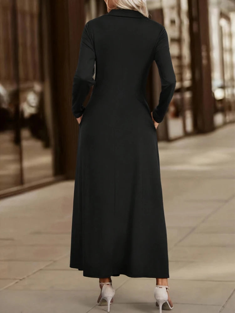 ﻿ Women's Elegant Solid Maxi Dress Fashion Simple Long Skirt 2025 Spring Autumn Slim Long Sleeves Shirt Dresses With Pockets